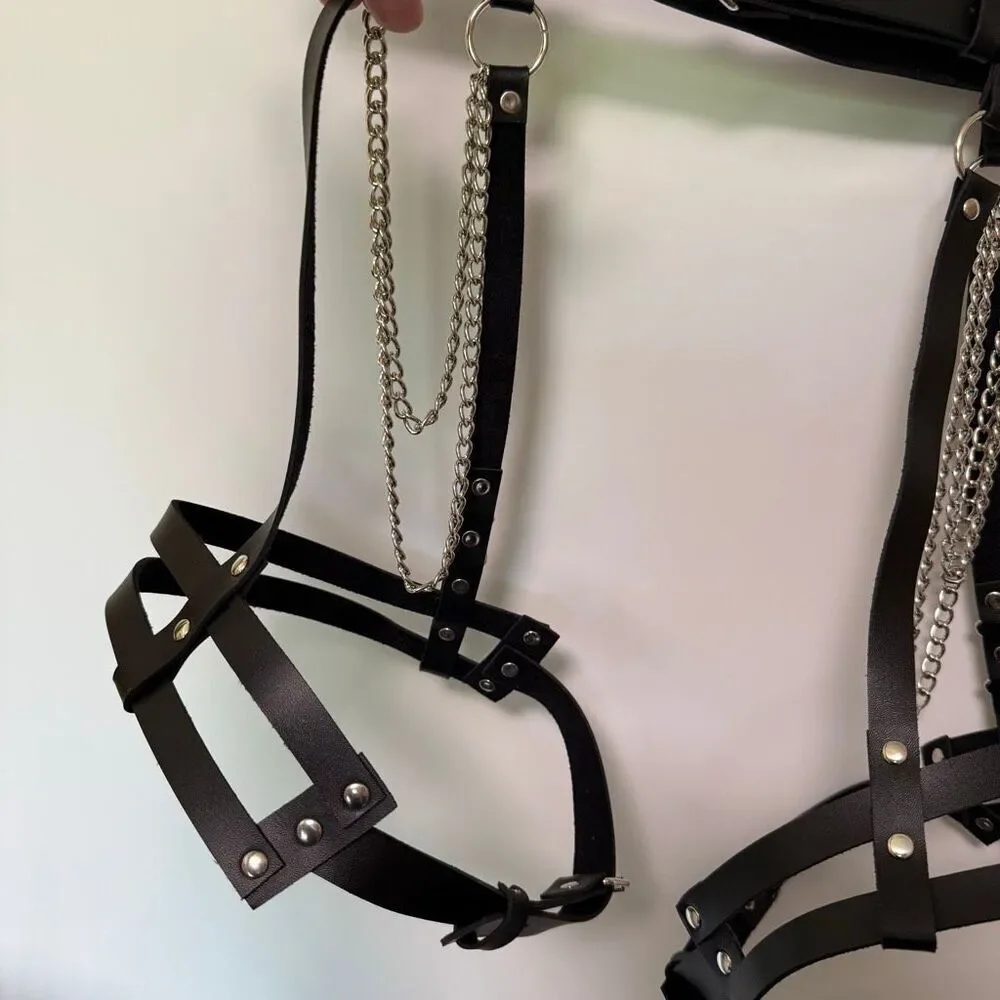 Black Faux Leather garter belt leg chain gothic fetish